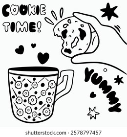 Vector doodle set of cookies with cup black line lettering for coffee shop logo, pastry shop, bakery, branding, print