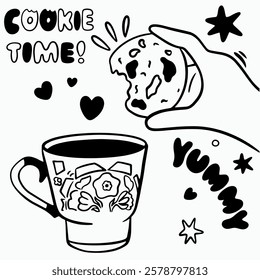 Vector doodle set of cookies with cup black line lettering for coffee shop logo, pastry shop, bakery, branding, print, cookies 