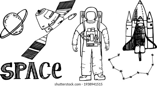 DÍA DE COSMONÁUTICA DE CONJUNTO DE DOODLE vector . astronauta, saturn, nave espacial, satélite, constelación . la inscripción está manuscrita. ilustración con un contorno negro