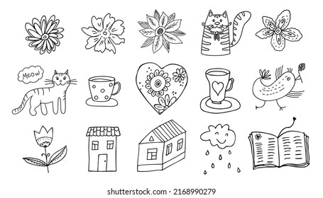 Vector doodle set of cozy summer objects and nature. Isolated linear cats and dird, flowers and houses, cups and book elements