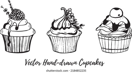 Vector doodle set of cupcakes. Hand drawn food icons. Hand-drawn elements for  menu, cafe and restaurants.