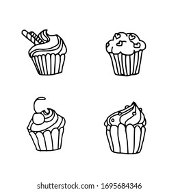 Vector doodle set of cute cupcakes. Hand drawn design elements for logo, icon or clip art. 