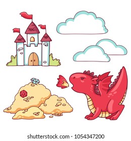 Vector doodle set with cute dragon, gold and fairy-tale castle.