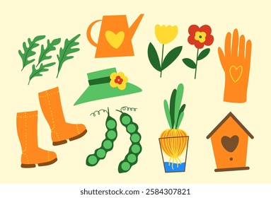 Vector Doodle Set of Cute Spring Gardening Elements. Simple Hand drawing style. Fanny Stickers for collage. Abstract modern vivid elements for design. Spring symbols, Birdhouse in Flowers 