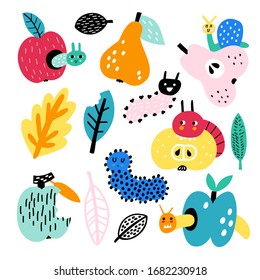 Vector doodle set. Cute worms and fruits. Baby design.