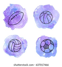 vector doodle set of different balls, isolated hand drawn design elements at blue watercolor background