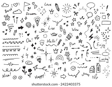 Vector doodle set of different elements. Stars, sparkles, arrows, speech balloons, hearts, words, diamonds, flowers, signs and symbols. Hand drawn decoration elements isolated on white background