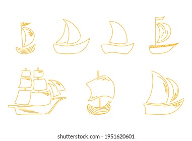 Vector Vector doodle set with different sailboat.