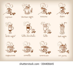 Vector doodle set with different types of coffee: espresso; Viennese; romano; doppio; Irish, latte, macchiato, iced, cappuccino, corretto, americano, con panna.