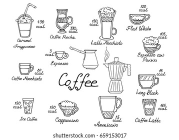 Vector doodle set with different types of coffee: espresso, latte, macchiato, cappuccino, americano, con panna. Indicating their calorie content. Hand-drawn design elements. Coffee break.