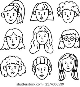 Conjunto de doodles vectoriales de diferentes caras de mujeres y niñas. Iconos lineales de una mujer con estilos de cabello diferentes