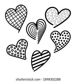 Vector doodle  set of drawn black hearts on a white background. Design element for postcard, wallpaper, wrapping paper, print, textile, packing.