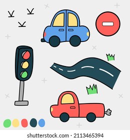 Vector doodle set of driving theme with cars, traffic light, road, do not enter sign, birds, and color palette on pale color background. Cute printable drawing in traveling concept