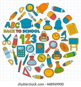 Vector doodle set of education symbols Back to school