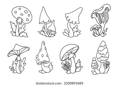 Vector doodle set of fantasy mushrooms. Outline drawings of a cartoon mushrooms. Mushrooms and berries in the grass. Element for design