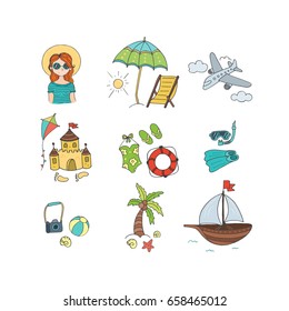 Vector doodle set with favorites summer things. Traditional symbols and activities sun, beach, boat , swimming suit, girl in sunglasses, sand castle  Freehand illustration isolated on white background