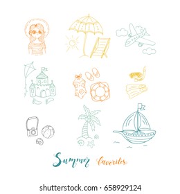 Vector doodle set with favorites summer things. Traditional symbols and activities sun, beach, boat , swimming suit, girl in sunglasses, sand castle. Freehand illustration isolated on white background