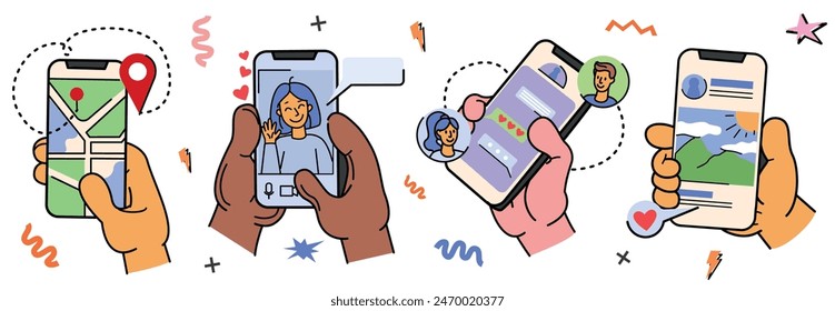 Vector doodle set of flat human hand with mobile phone screen. Diverse person hands holding smartphone and using social media, route map, chat message or gallery photo. Online video call communication