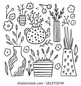conjunto de doodle vectorial con flores en jarrones