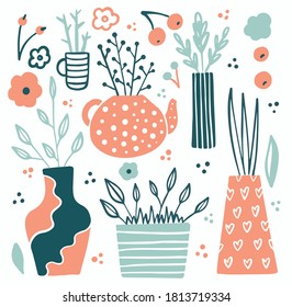 vector doodle set flowers in vases