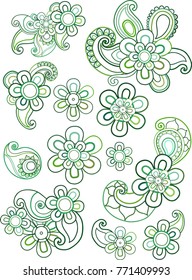 Vector doodle set of flowers.Hand drawn collection of decorative design elements in oriental style. Flourish vintage embellishments for greeting cards,coloring book, paisley pattern.