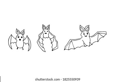 Vector doodle set of funny bat isolated on white. Hand drawn illustration. Design for postcard, halloween, kids, print, pattern, card, poster, banner