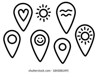 Vector doodle set of geotags with images of the sun, sea, smile. Map pointer icon. GPS location symbol. Map pin line design. Hand draw Geotag sign icon in doodle style. Black lines isolated on a white