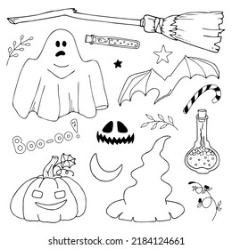 Vector doodle set of Halloween clipart. A funny hand draw, cute illustration for seasonal design, textiles, decoration of a children's playroom or a greeting card. Pumpkins, ghosts, witch hats, etc