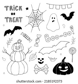Vector doodle set of Halloween clipart. A funny hand draw, cute illustration for seasonal design, textiles, decoration of a children's playroom or a greeting card. Pumpkins, ghosts, witch hats, etc