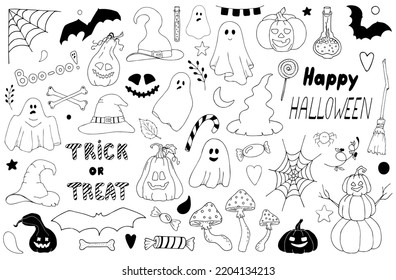 Vector doodle set of Halloween clipart. A funny hand draw, cute illustration for seasonal design, textiles, decoration of a children's playroom or a greeting card. Pumpkins, ghosts, witch hats, etc