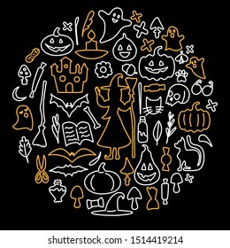 Vector doodle set halloween hand drawing in a circle.