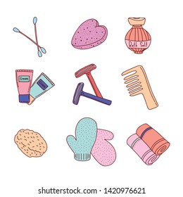 Vector doodle set of hand drawn bathroom themed objects. Vector template. 
