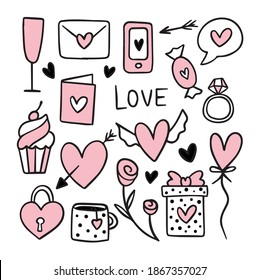 Vector doodle set. Hand drawn elements for Valentine’s Day. Letter, gift, phone, message, sweets, cake, card, cup of tea, ring and more.