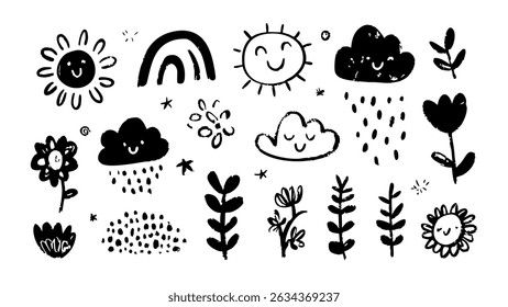 Vector Doodle Set with Hand Drawn Flowers Smiling Sun Rainbow and Kid Face