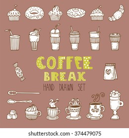 Vector doodle set. Hand drawn coffee elements. Coffee break. Vector illustration