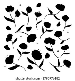 vector Doodle set with hand-drawn cartoon silhouettes of flowers. graphic decorative elements isolated on a white background. peonies, poppies, tulips, roses. icons and symbols