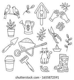 Vector doodle set with hand-drawn garden tools, spring plants and animals, coloring page for children and adults, black outline on a white background