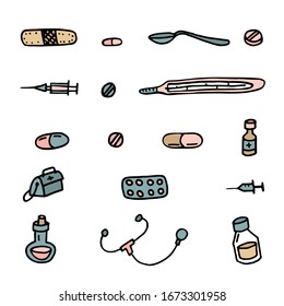 Vector doodle set hand-drawn  Medicine icons on white