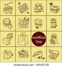 Vector doodle set of handmade soap with bars. Illustration for shop