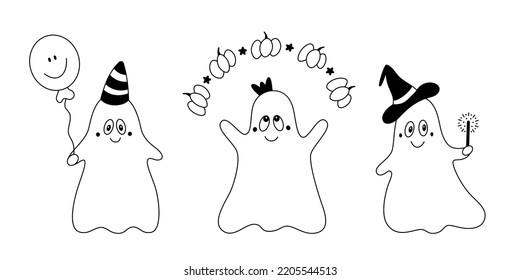 Vector doodle set of happy cute kind ghosts.Collection of festive kind cartoon childish halloween design elements.Outline.Isolated on white background.