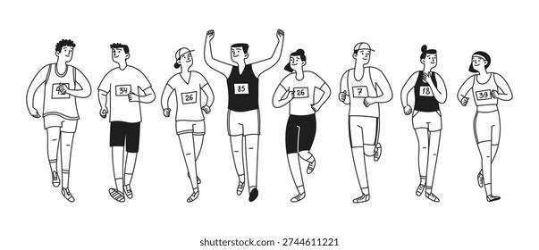 Vector doodle set of happy people running a marathon. Athletes training in a public park. Long distance running. Sprint. Active lifestyle concept.