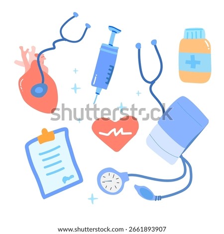 Vector doodle set for heart health and treatment: anatomical heart, stethoscope, medical prescription, heartbeat symbol, blood pressure monitor, medicine bottle, syringe for concepts of hypertension