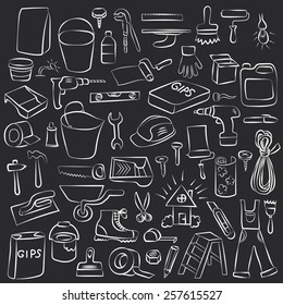 Vector Doodle Set of House Remodel. White hand drawn sketches on the dark background for Your business