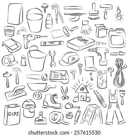 Vector Doodle Set of House Remodel. Black hand drawn sketches on the white background for Your business
