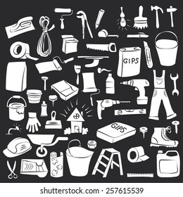 Vector Doodle Set of House Remodel. White hand drawn sketches on the dark background for Your business