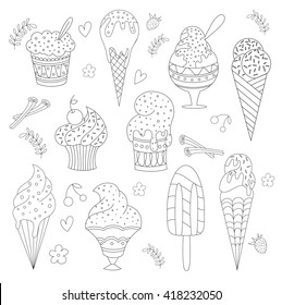 Vector doodle set of icons of ice cream isolated on white background