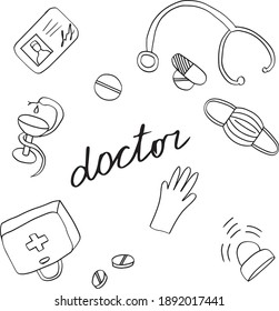 Vector doodle set of icons on medical topics about doctors, health, treatment and assistance.