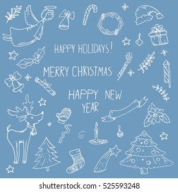 Vector doodle set of icons on a Christmas theme. handmade illustrations isolated on blue background. New Year, holiday, reindeer, Christmas tree.