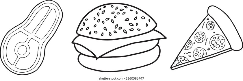 Vector doodle set illustration of fast food. Hand drawn black line on white background for design. 