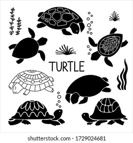 Vector doodle set illustration graphic sea black silhouette of turtles isolated on white background. Design for greeting cards, textile, print, logo. World turtle day